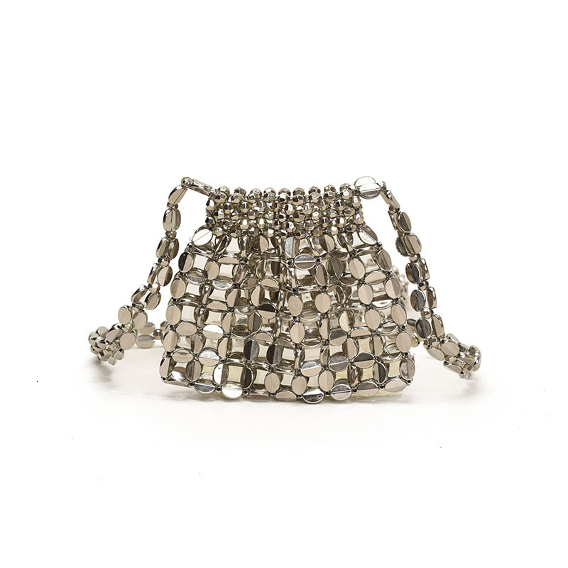 2025 New Fashion Metallic Silver Hollow Out Single Shoulder Crossbody Bag Beaded Woven Stylish Underarm Parent-Child Bagy6