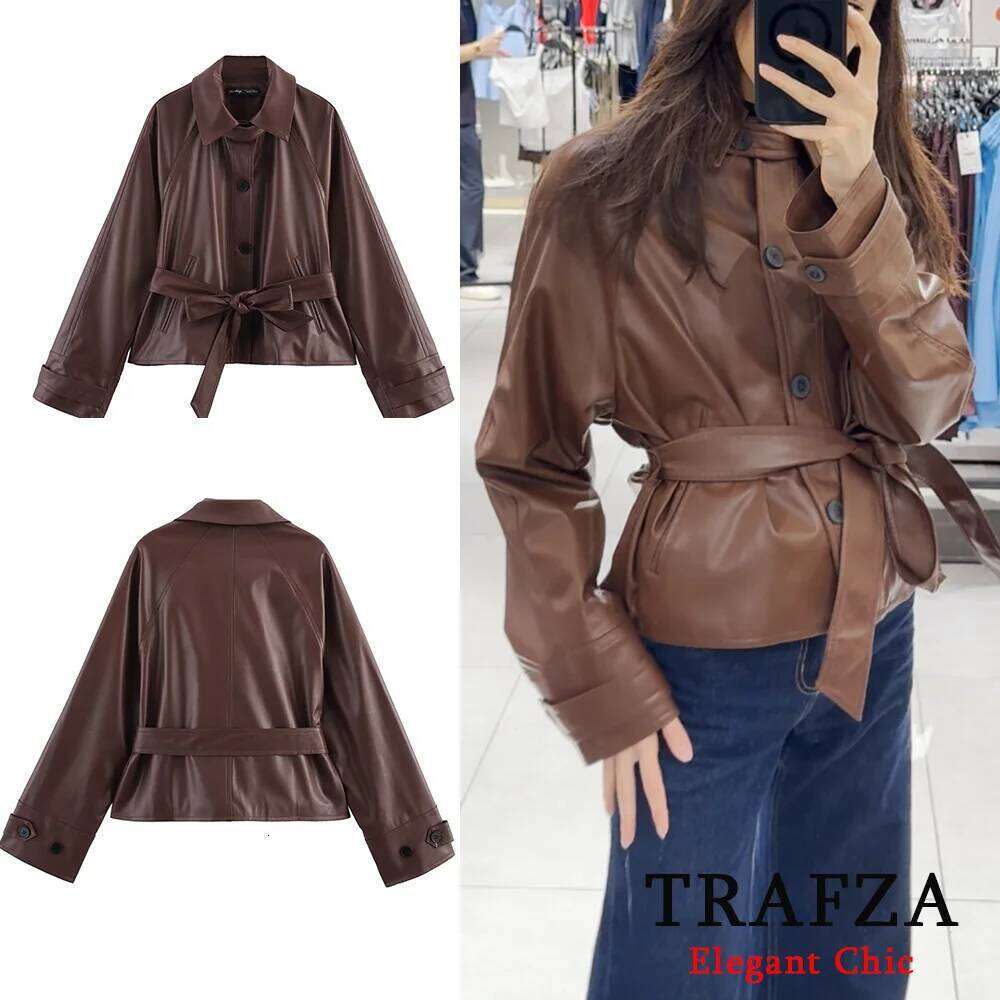 TRAFZA Women Stylish Imitation Leather Short Trench Coat With Belt 2025 New Spring Fall Fashion Commuter High Street Jacket