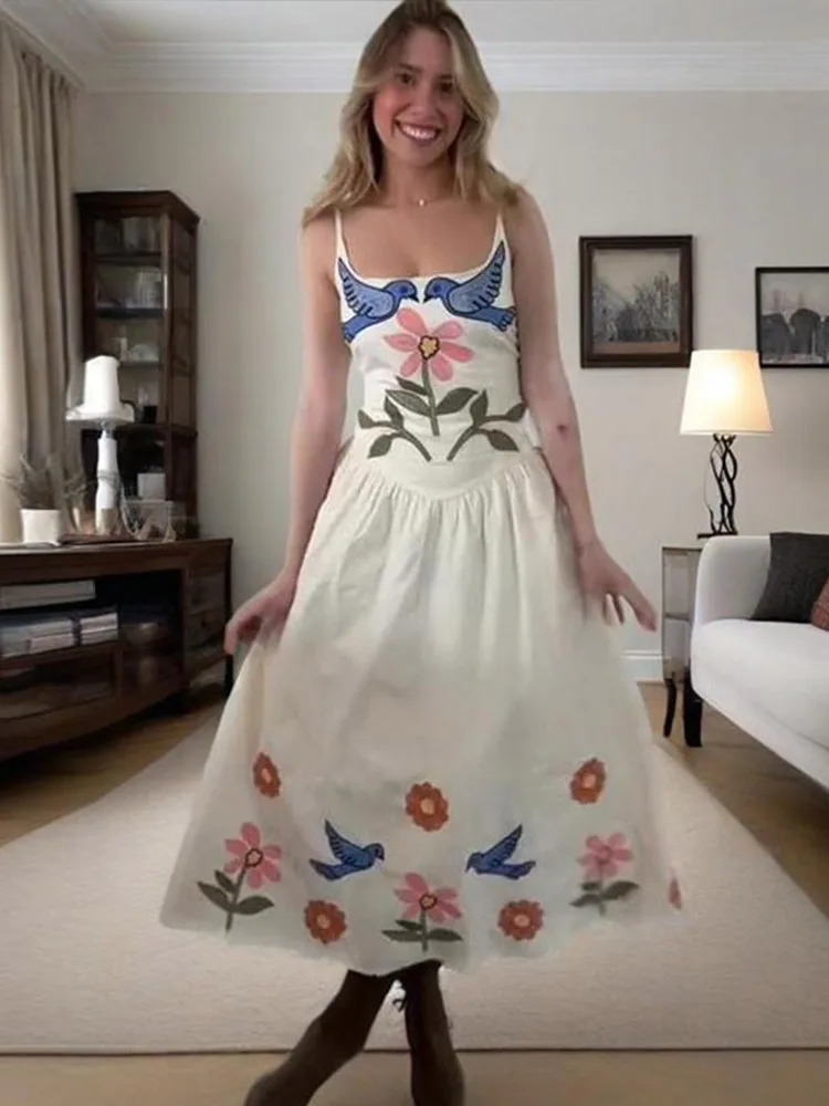 Woman Floral Embroidery Slip Dress Casual Evening Party Tube Empire Sleeveless A-line Print Robes Summer Fashion Vestido 250604