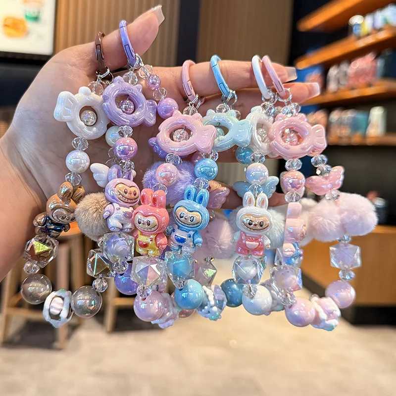 Labubu Painted Beads Phone Chain Hairball Keychain Sweet Girl Anti-lost Wrist Strap Bracelet Earphone Case Charm Bag Decoration M250604