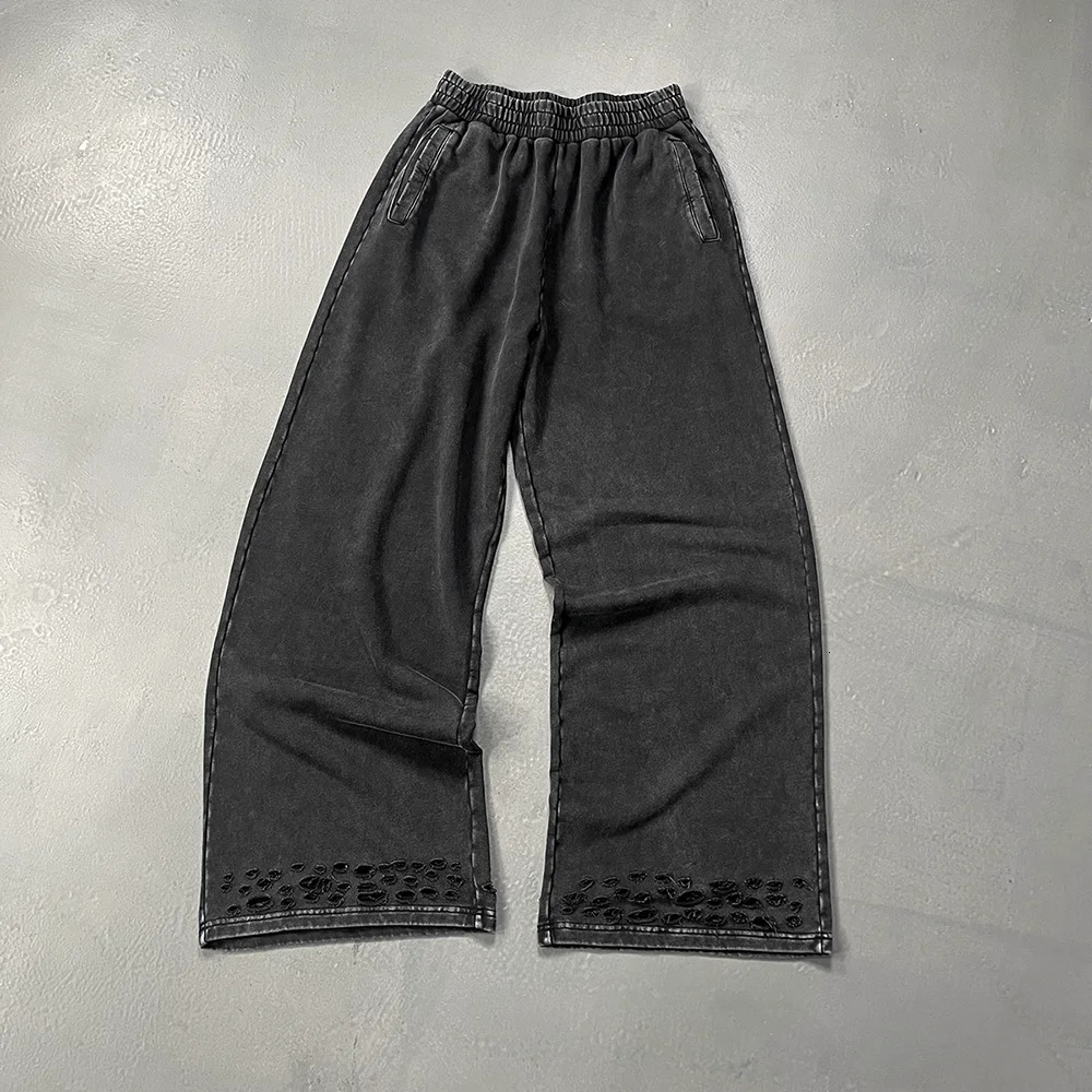 Autumn/Winter Black Gray Washed Baggy Street Sweatpants Hip Hop Raw Edges Cut Crush Loose Distressed Wide Leg Joggers Men 250603