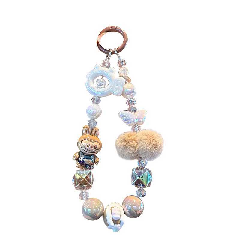 Labubu Painted Beads Phone Chain Hairball Keychain Sweet Girl Anti-lost Wrist Strap Bracelet Earphone Case Charm Bag Decoration M250604