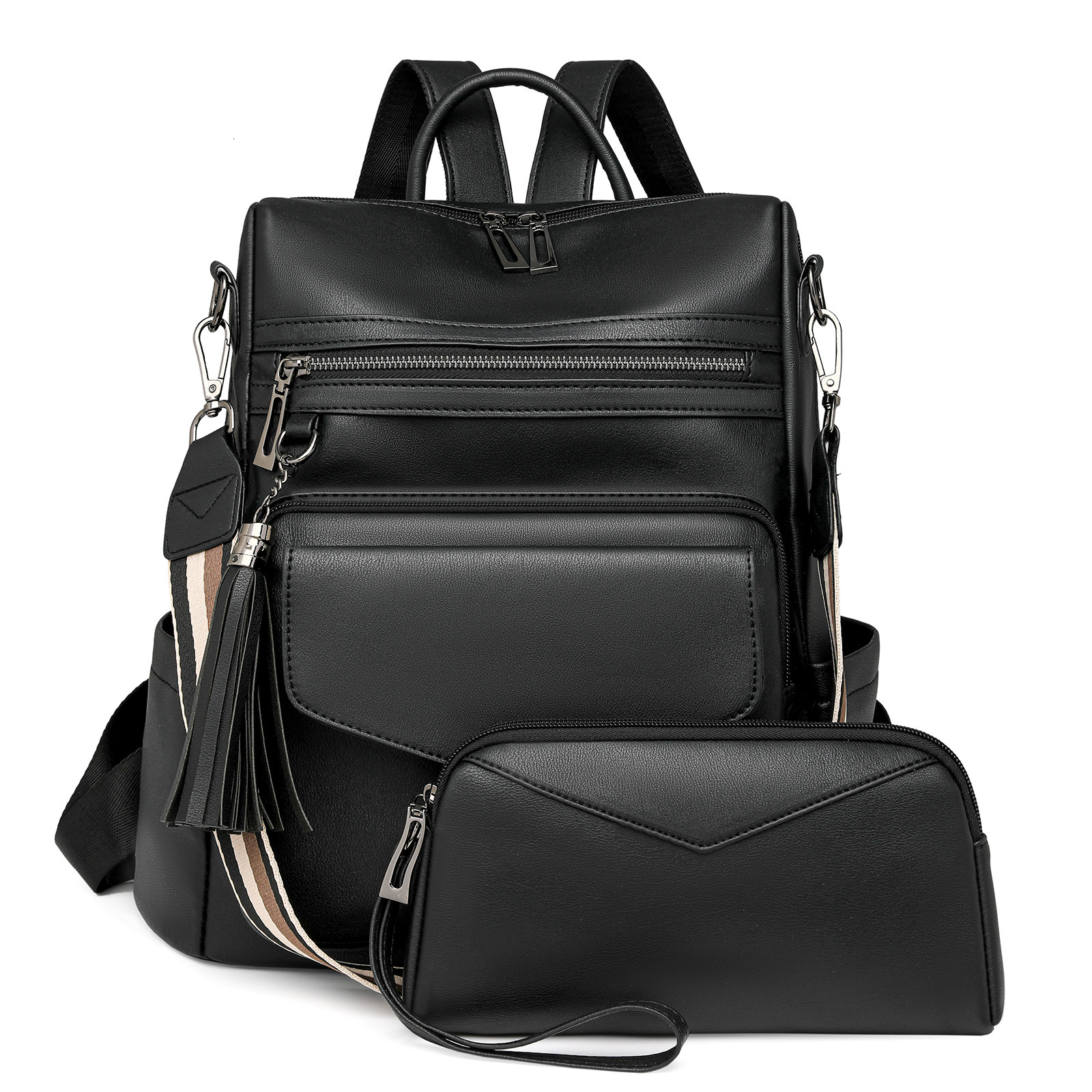 Free Shipping Designer Bag PU Outdoors Women's Winter New European And American Retro Versatile Backpack High-end Double Color-blocking Tassel Ba