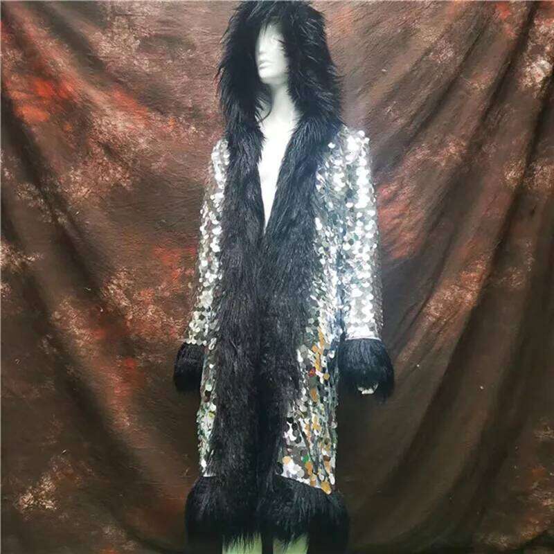 Fashion Sequin Faux Fur Hooded Long Cloak Overcoat Stage Party Performance Clothes Women Singer Bar Concert Drag Queen Costume