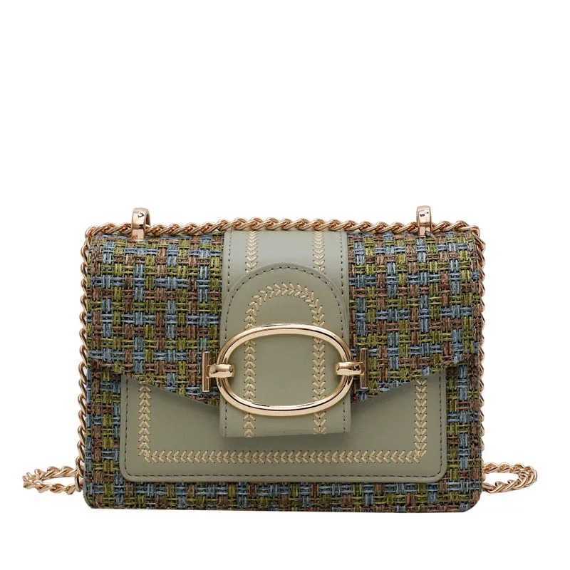 Chic Mini Plaid Tweed Crossbody Bag with Adjustable Strap Fashionable Buckle Closure - Available in Cream Green Blue Black XJ250604