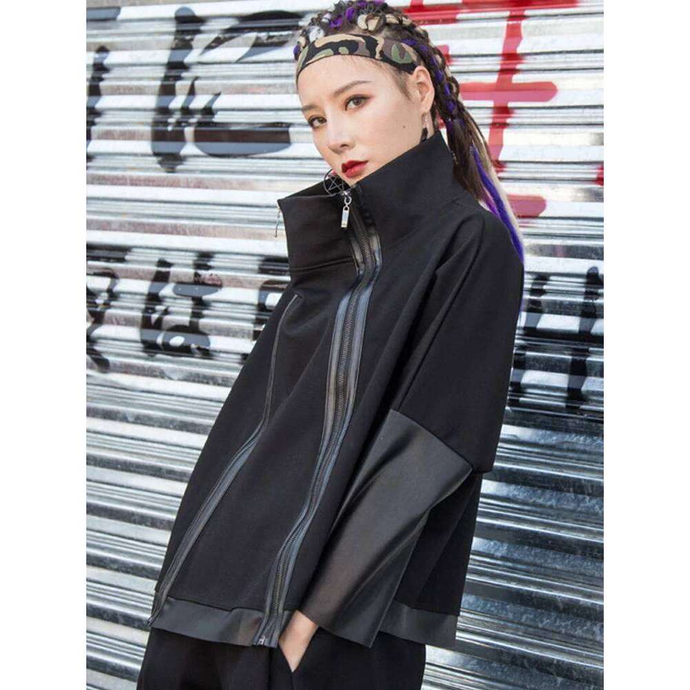AmaxluluE Autumn 2025 Fashion Korean Ladies Punk Streetwear Womens Black Leather Patchwork Jacket Zipper Vintage Turtleneck Coat