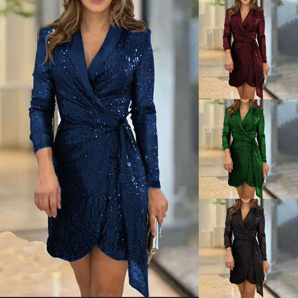 New Women's Fashion Sexy Waist-Cinching Multicolor Sequin Blazer Collar Tie Dress B5