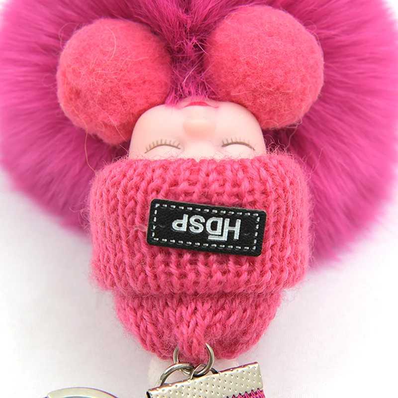 Pompom Sleeping Baby Keychain Cute Fluffy Plush Doll Keychains Women Girl Bags Keyrings Cars Key Ring Gift Charming Decoration W250604