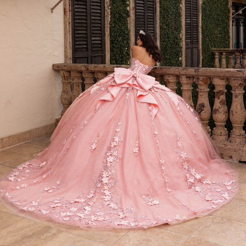 Pink Shiny Quinceanera Dresses Ball Gown Applique Flower Beads Bow With Cape Tull Party Birthday Sweet 16 Vestidos De XV 15 Anos