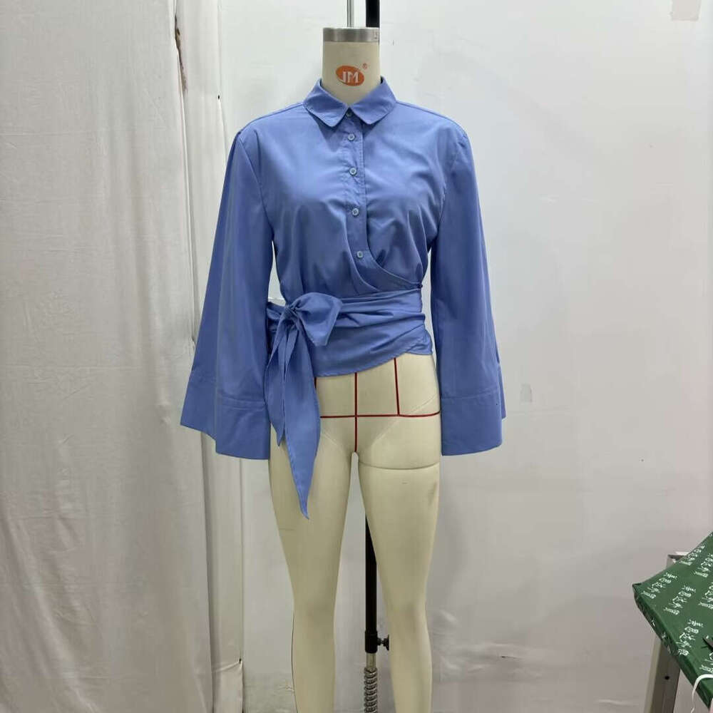 Women's Clothing Spring New Style Double Collar Poplin Slim Fit Bow Tie Short Shirt B5