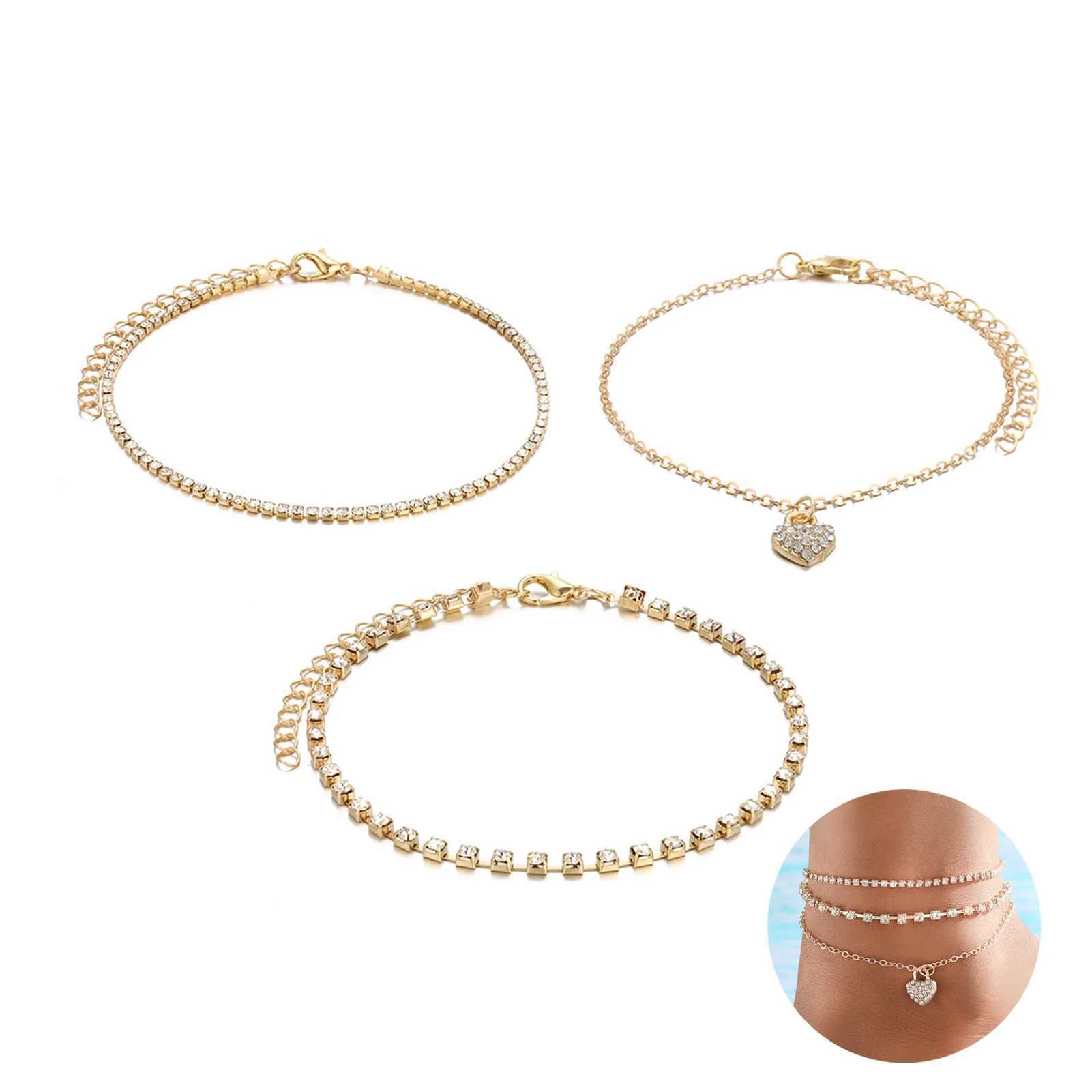 Bohemian Love Heart Anklets Sets for Women Fashion Gold Color Crystal Foot Chains Versatile Summer Boho Style Foot Jewelry W250604