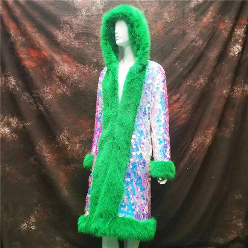 Fashion Sequin Faux Fur Hooded Long Cloak Overcoat Stage Party Performance Clothes Women Singer Bar Concert Drag Queen Costume