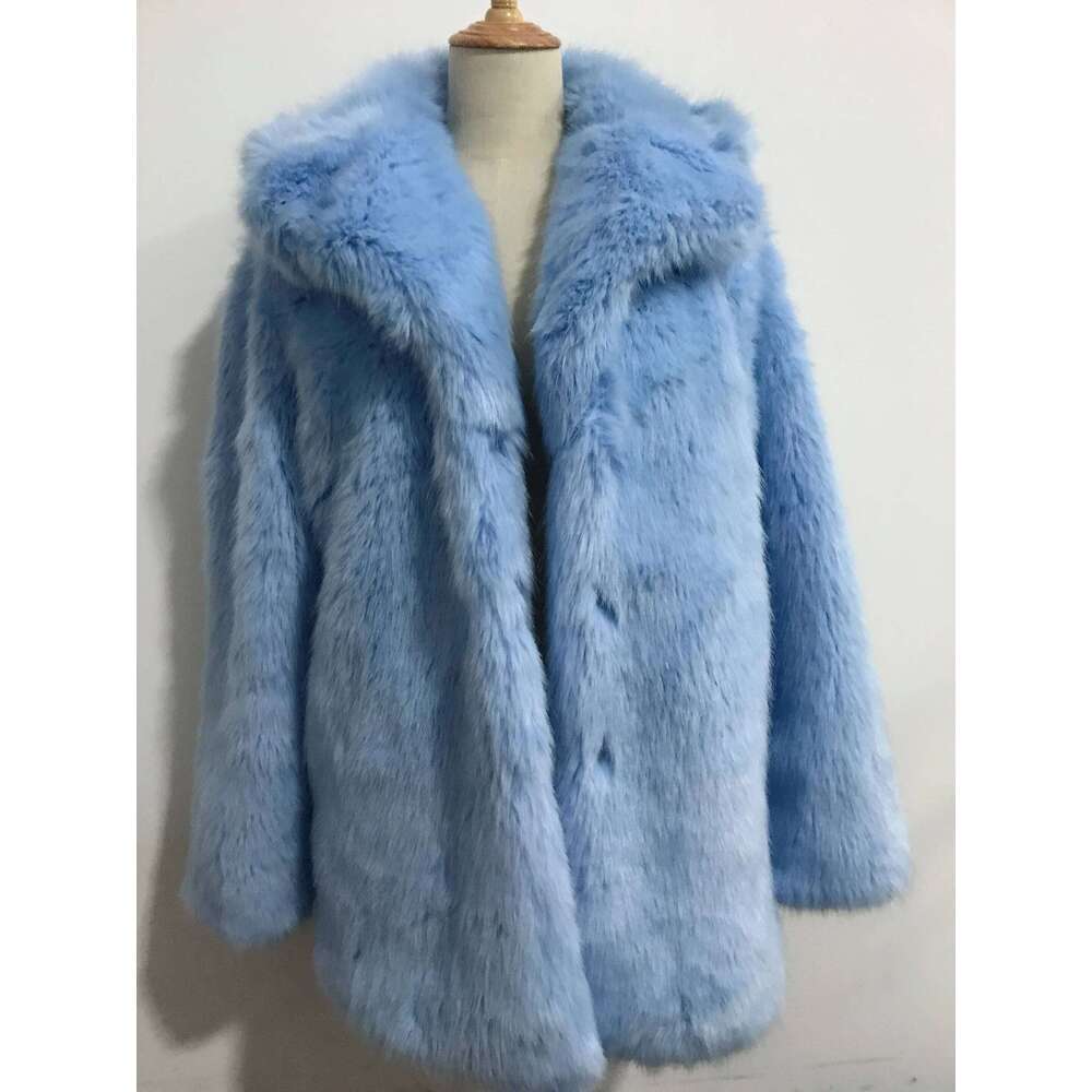 HIGH QUALITY Winter Lapel Hairy Shaggy Jacket Aqua blue Vintage sleeve Furry Faux Fur Coat Mid Long Outerwear