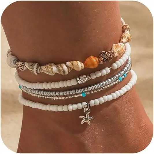 Bead Ankle Bracelets Set for Women Boho Shell Anklet Hawaiian Summer Beach Seashell Pearl Disc Starfish Conch Foot Jewelry W250604