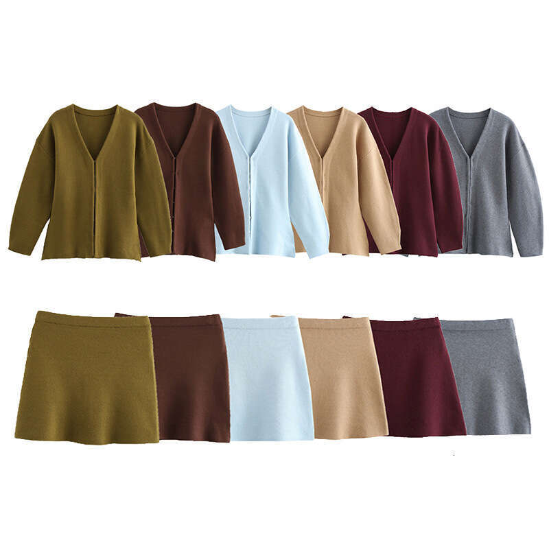 Women's Winter New Simple 8-Color V-Neck Knitted Slim Cardigan Jacket + Short Skirt Set B5
