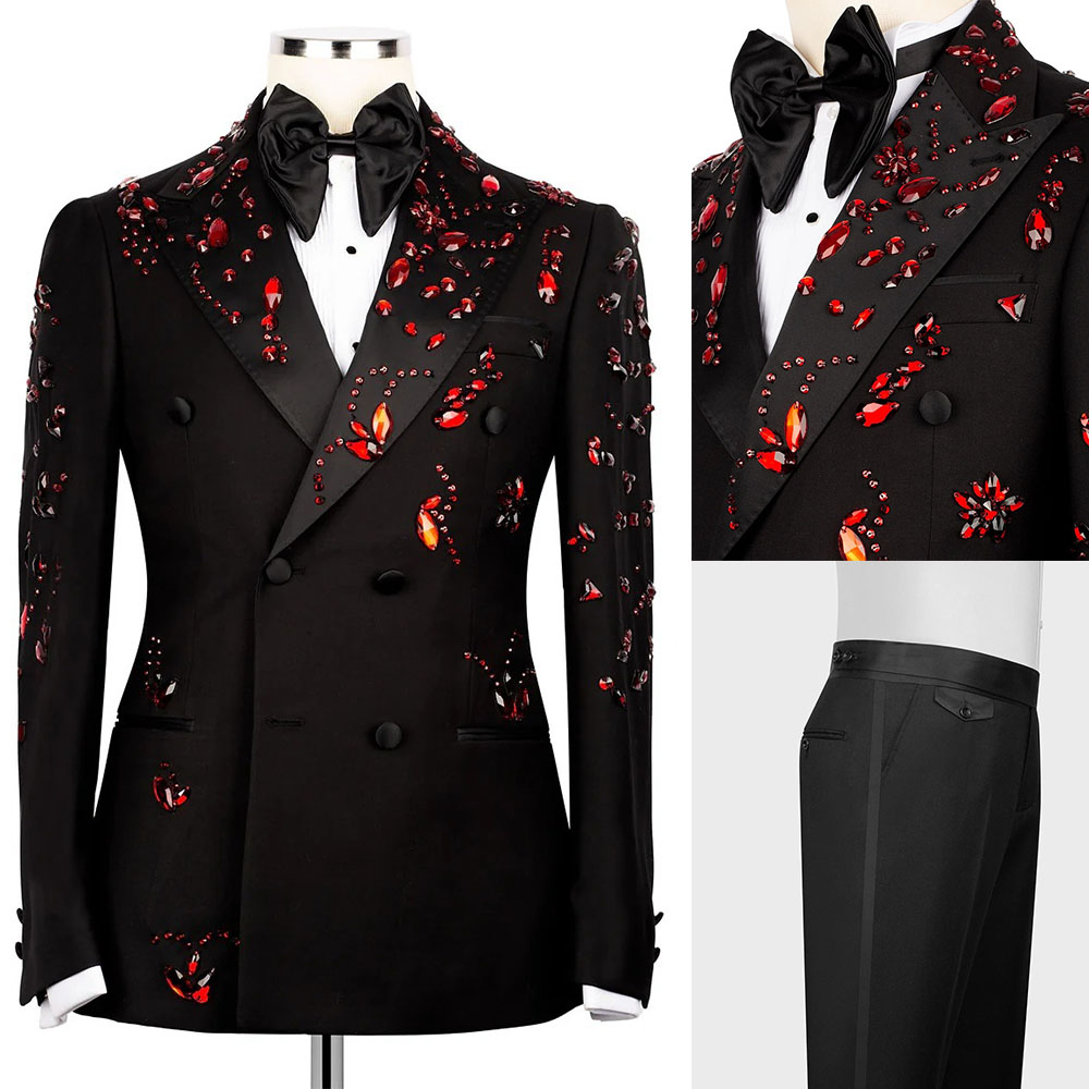 Luxury Man Suits Fit Slim Crystals Beaded Peaked Lapel 2 Pieces Set Party Prom Blazer Rhinestone Customized Evening Party Double Breasted Jacket Pants