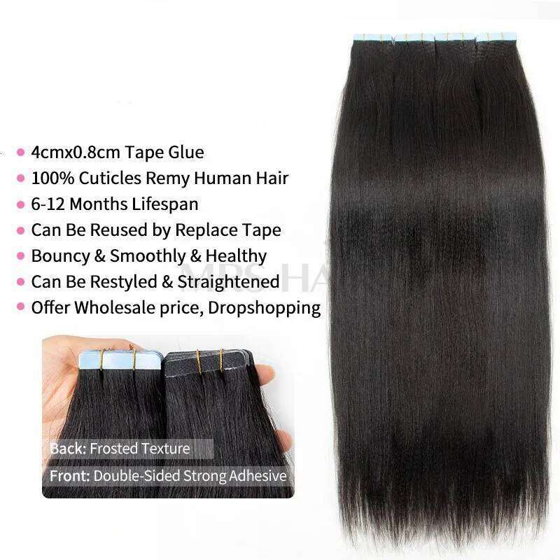 MRS HAIR Light In Human Hair Cuticle Remy in Extensions SilkPressed Yaki Tape ins 12-26inch 20pcs