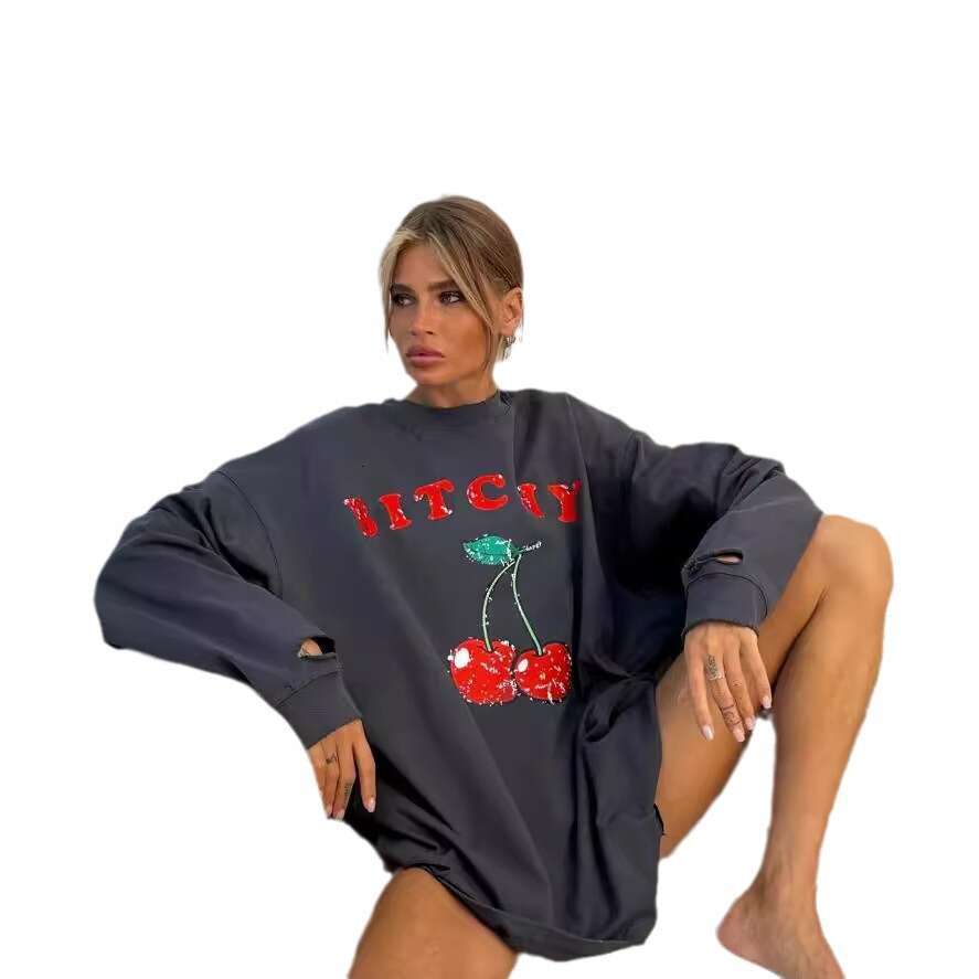 American Style Distressed Cherry Print Crewneck Pullover Sweatshirt For Women, Trendy Loose Fit Long Sleeve Slimming Top B5