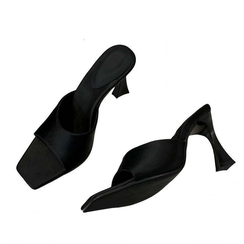 Liyke High Quality Cozy Silk Wide Square Toe Women Slippers Sandals Strange Heels Mules Slides Summer Party Dress Shoes Brown