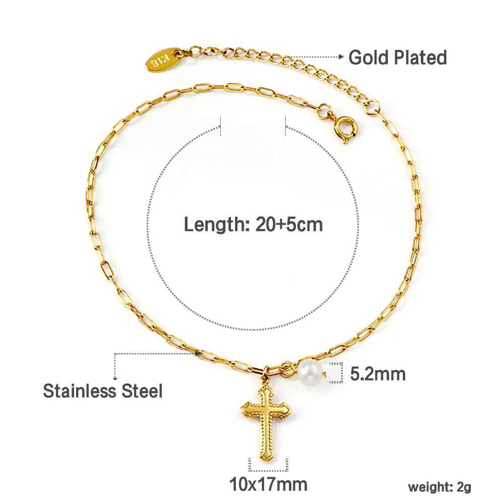 LUXUSTEEL New Cross Pearl Charm Anklets for Women Summer Beach Accessories Stainless Steel Waterproof Golden Color Leg Bracelets W250604