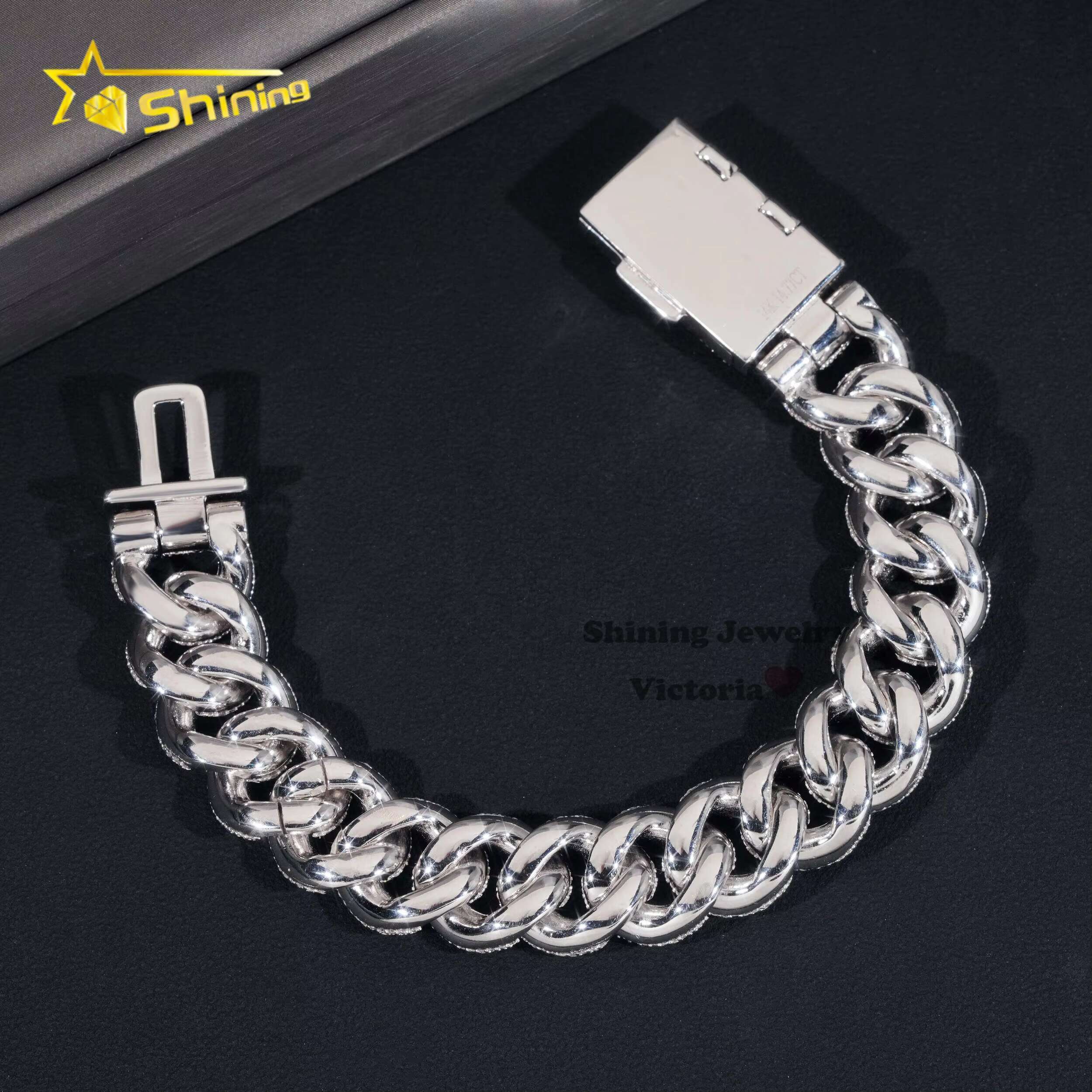 Iced Out Jewelry 15MM 925 Sterling Silver GRA Certificate Diamond Moissanite Cuban Link Chain Bezel Setting Cuban Bracelet