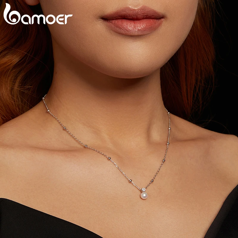 BAMOER Diamond Shiny Moissanite Pearl Pendant Necklace For Women Wedding Party 925 Sterling Silver with White Gold Plating Jewelry MSN042