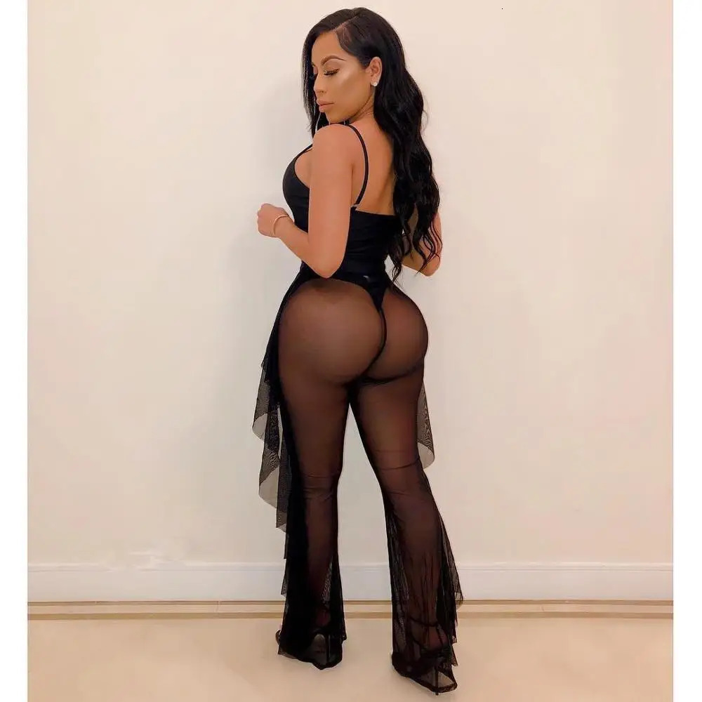 BKLD Ladies Tracksuits Festival Women Club Outfits Hollow Out Spaghetti Strap Bodysuit Ruffles Mesh Pant Set For Women 2025 250604