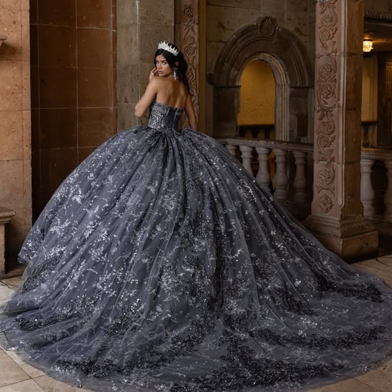 Black Quinceanera Dresses Ball Gown Sequin Applique Lace Beading Tull Party Birthday Sweet 16 Vestidos De XV 15 Anos
