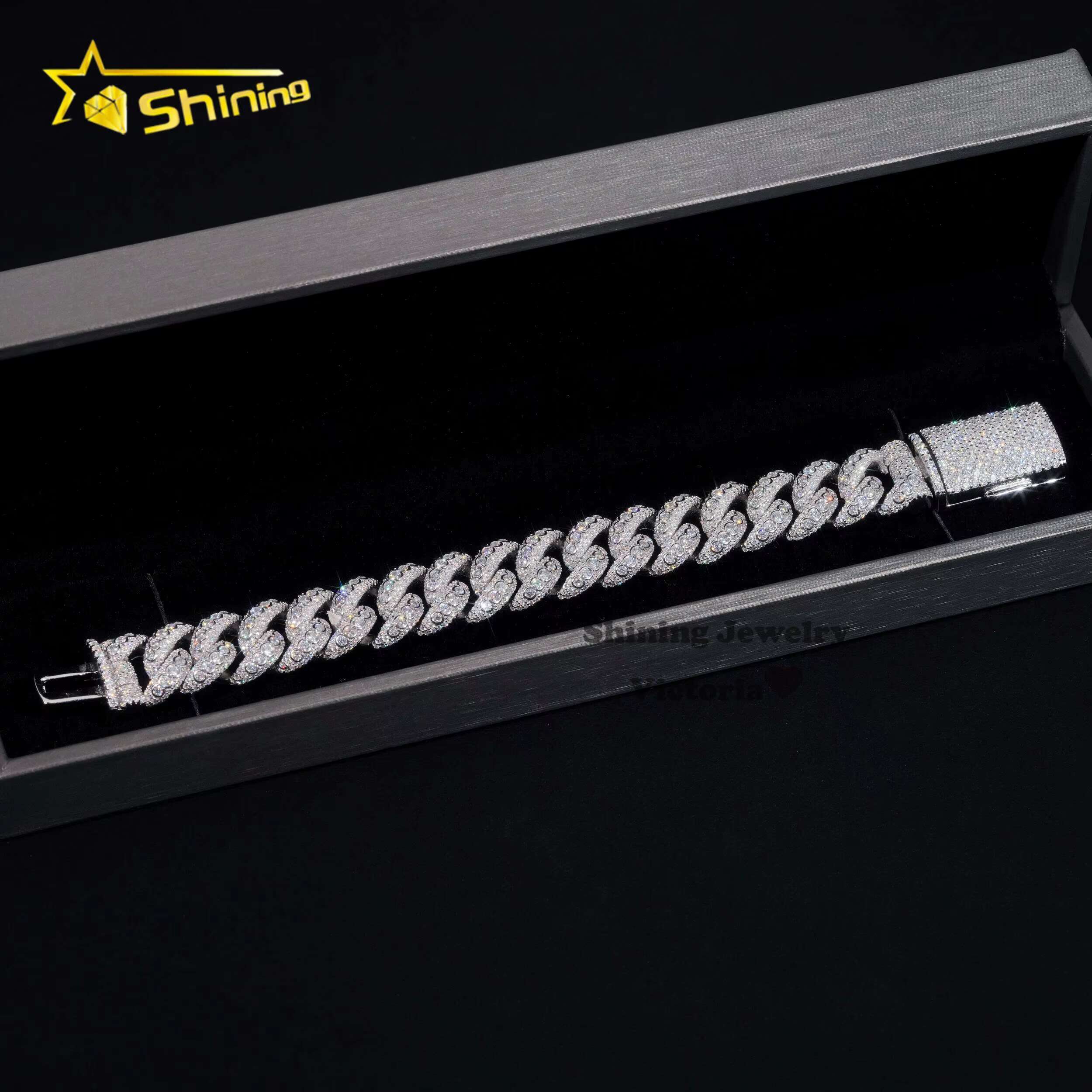 Iced Out Jewelry 15MM 925 Sterling Silver GRA Certificate Diamond Moissanite Cuban Link Chain Bezel Setting Cuban Bracelet