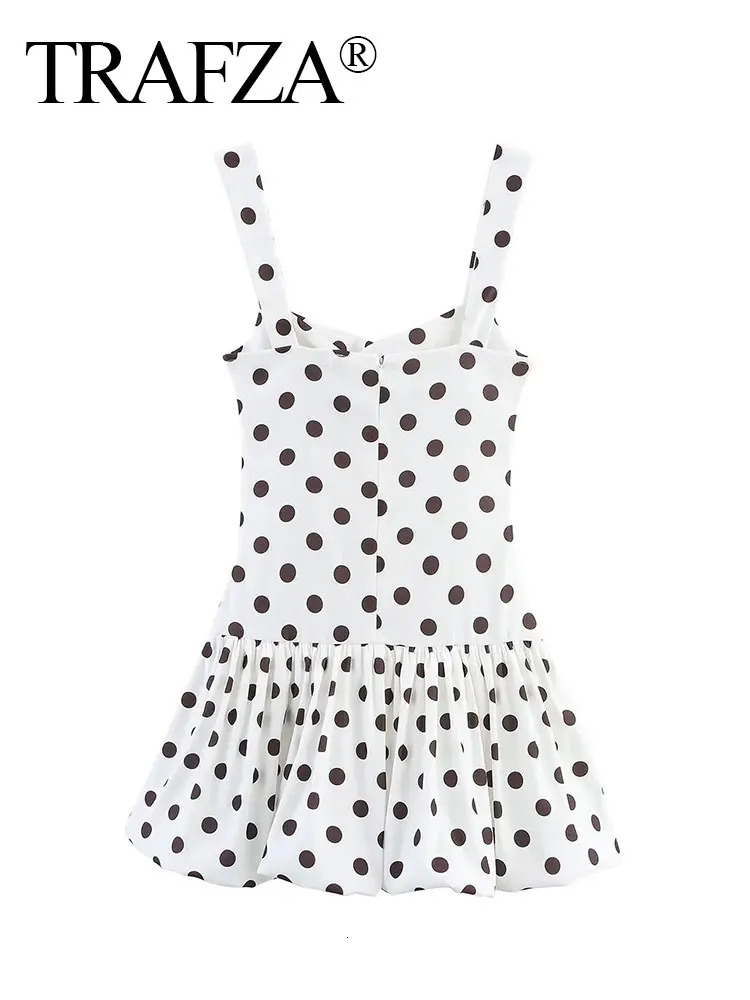 TRAFZA Summer Vintage Polkadot Sling Mini Dress For Women Sleeveless Pleated Slim Backless Balloon High Waist Trendy Dresses 250604