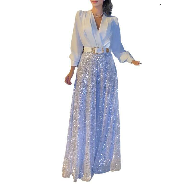 New Fashion V-Neck Long Sleeve Shirt Elegant Waist-Cinching Slimming Sequin Wide-Leg Pants - With Belt B5