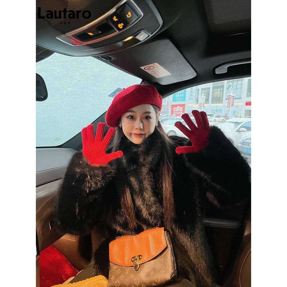 Lautaro Autumn Winter Black Soft Thick Warm Hairy Shaggy Faux Fox Fur Coat Women Stand Collar Loose Casual Fluffy Jacket