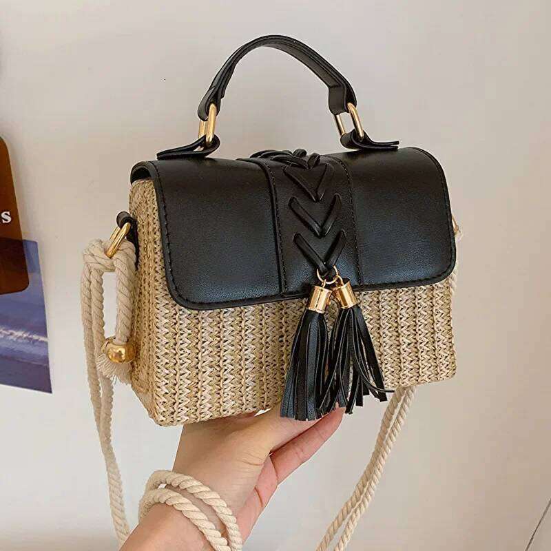Retro Style Woven Grass Mini Bag Casual Women's Shoulder Crossbody Summer New Box Shape Handbag For Ladies