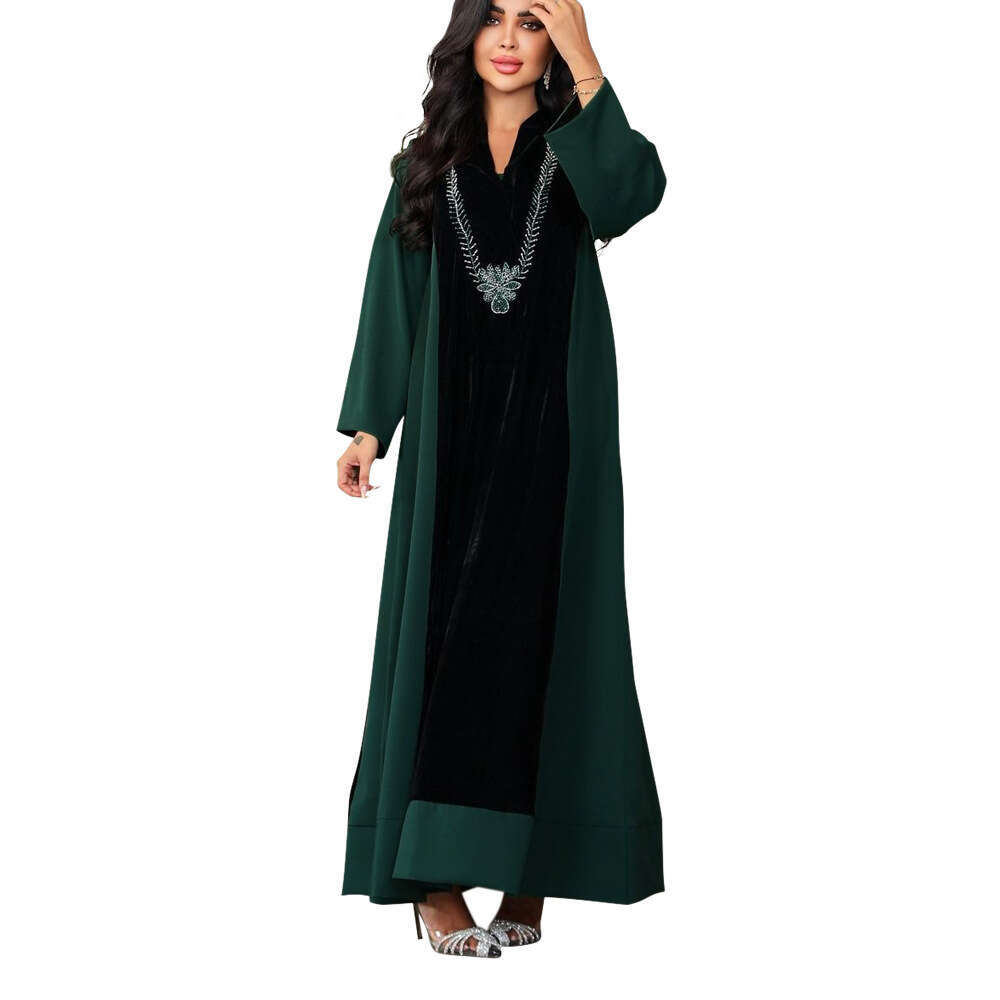 Because0243 Muslim Dubai Arabic Women's Clothing Rhinestone Velvet Patchwork Color Block Long Robe Dress B5