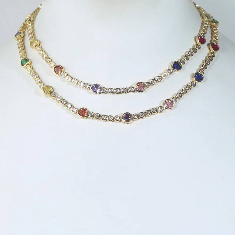 Gold Color Summer Colorful Jewlery Geometric Round Heart Shaped CZ Fashion Women Choker Tennis Necklace