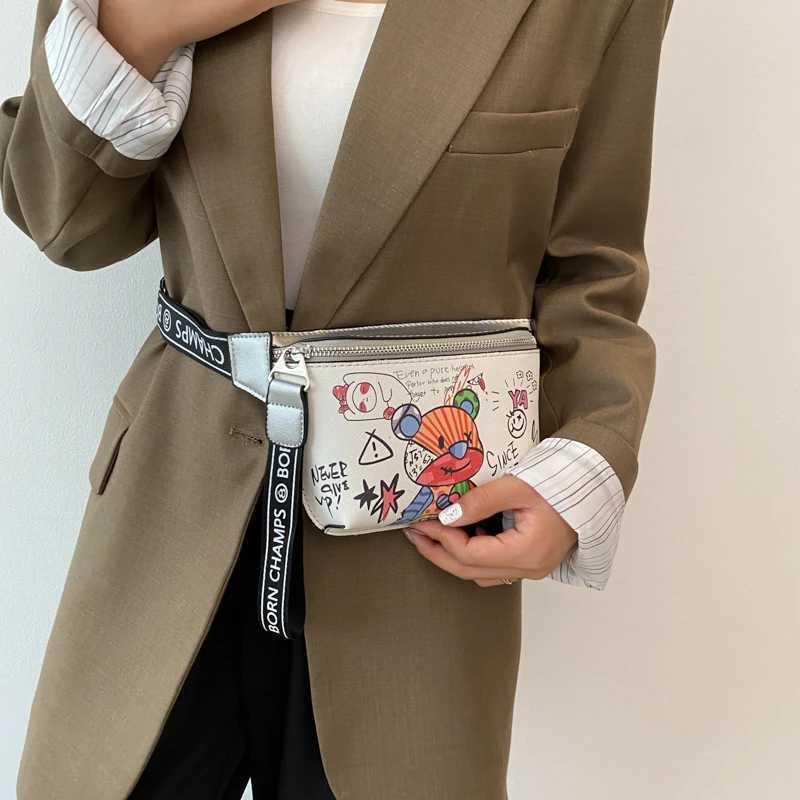 Cute Cartoon Doodle Bear Waist Bag Women Shoulder Crossbody Bags Lady Banana Chest Bag Casual Funny Bag Female Handbag and Purse W250604