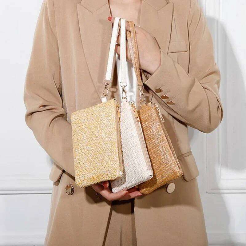 Women's Fashion Long Wallet Simple Straw Bag Coin Money Card Holder Organizer Purse Handbag Large Capacity Mobile Phone Pouch