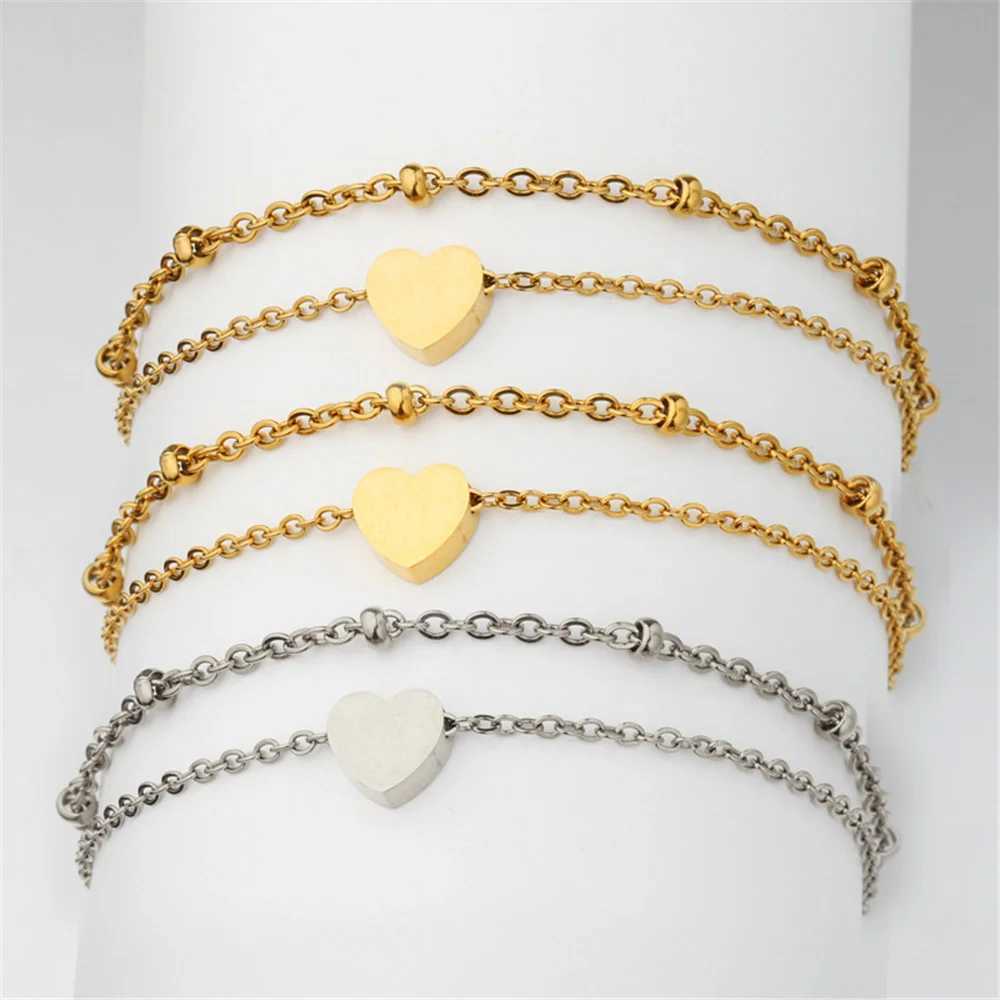 Double Layers Heart Charm Anklet For Women Gold Silver Color Stainless Steel Ankle Bracelet On the Leg Foot Beach Jewelry W250604