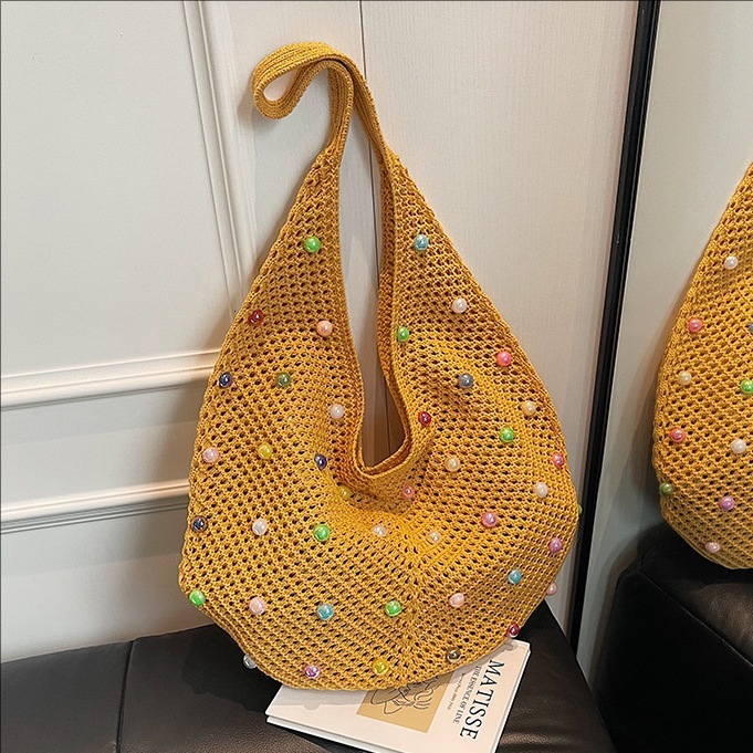 designer Lazy Style Beaded Woven Bag for Women 2025 New Simple Cute Single Shoulder Handbag Large Capacity Tote Bag