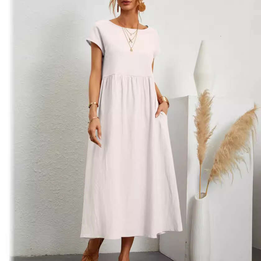 New Solid Color Sleeveless Loose Cotton Linen Pocket Women's Dress B5