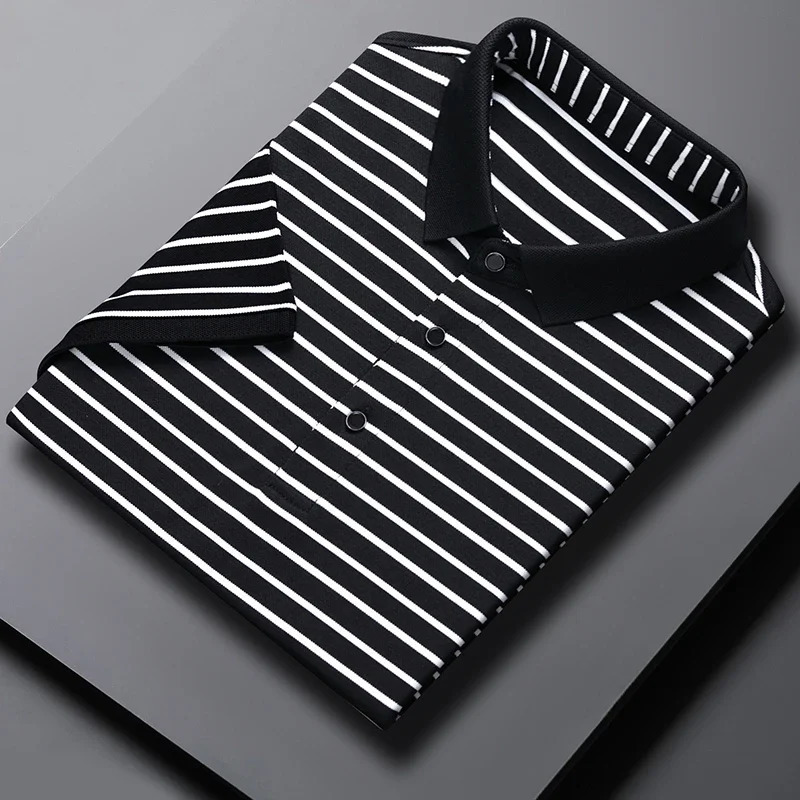 2024 Mens Striped Cotton Business Casual Short Sleeved POLO Shirt Fashion Comfortable and Breathable Top y250604Z