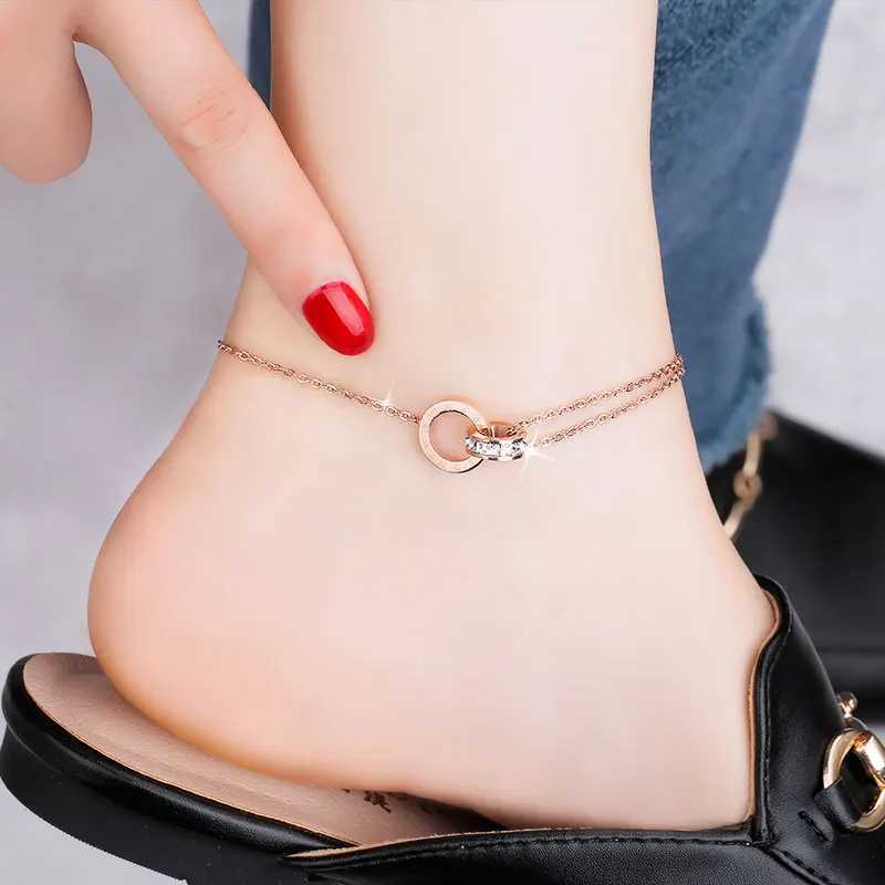 Double Circle Anklet for Women Roman Numerals Rose Gold Color Titanium Steel Fashion Jewelry (A001) W250604