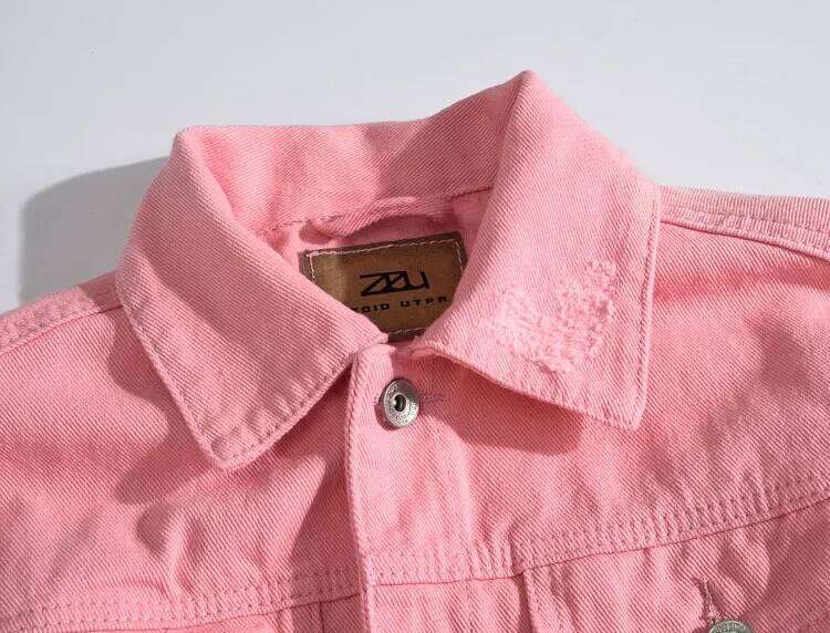 Pink Coats, New Spring and Autumn, Jena with Holes Distressed Denim Jackets for Men, Size 4XL