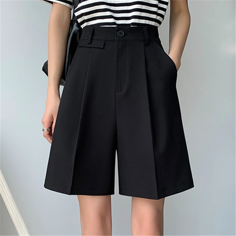 Seoulish Summer Womens Suit Shorts Elegant Wide Leg High Waist Solid Pockets Minimalism Loose Short Trousers Female 250603