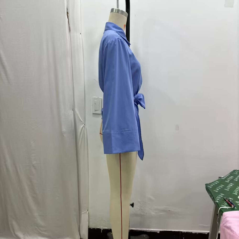 Women's Clothing Spring New Style Double Collar Poplin Slim Fit Bow Tie Short Shirt B5