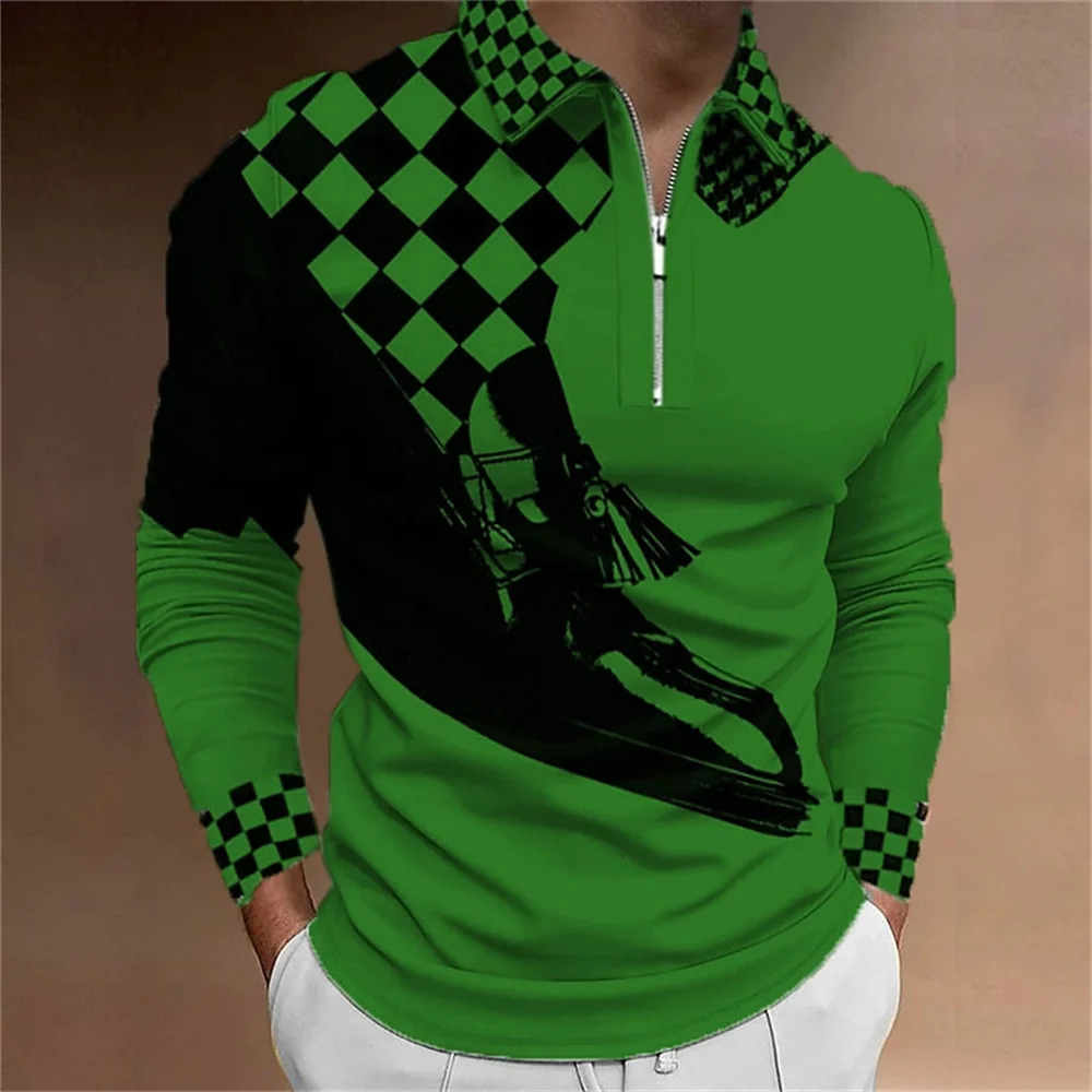 Mens Polo Shirt Golf Plaid Prints 3D Print Street Long Sleeve Zipper Clothing Apparel Sports Fashion Streetwear 250604Z