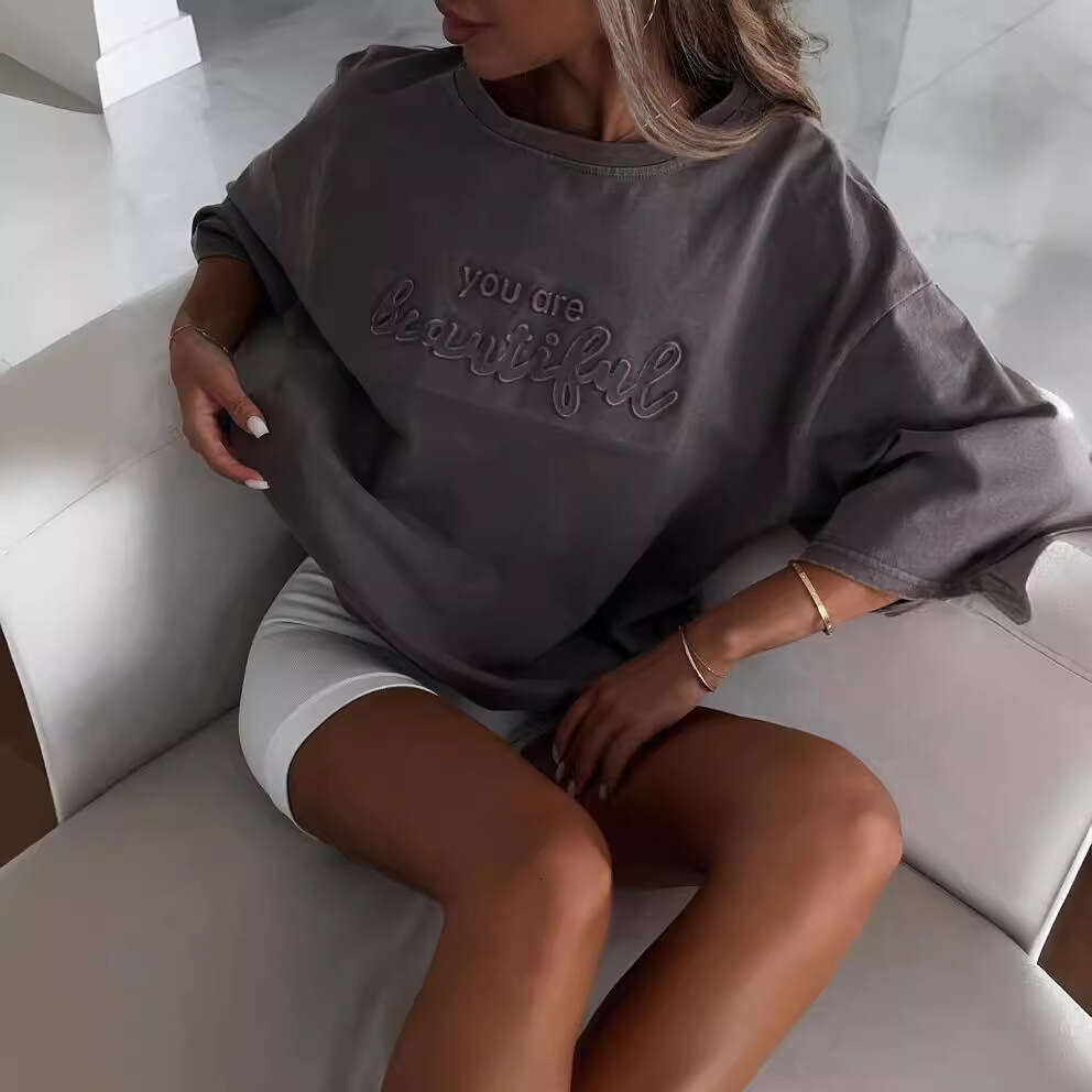 New Letter Foam Print Loose Belly Covering Slimming Top Spring Summer Ins Versatile Short Sleeve T-Shirt Women B5