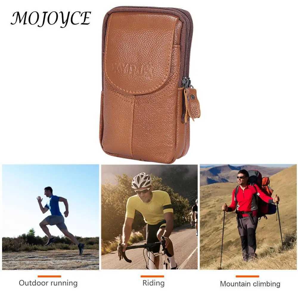 Mens Cowhide Belt Bag Double-layer Running Waist Bag Zipper Fitness Belt Pack W250604