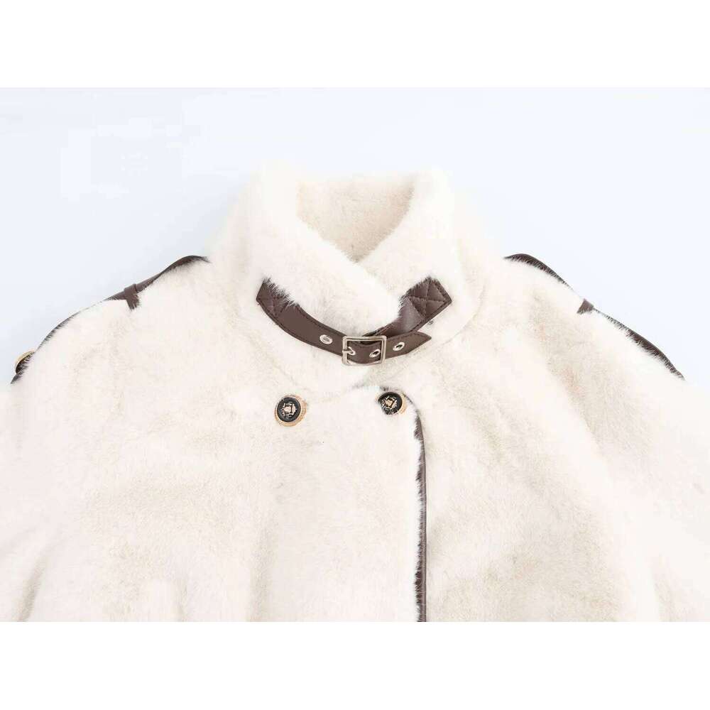 Women's Fall Winter Faux Long TRAFZA Vintage Motorcycle PU Leather Fur Belt Thick New 2024 Fashion Retro Warm Coat