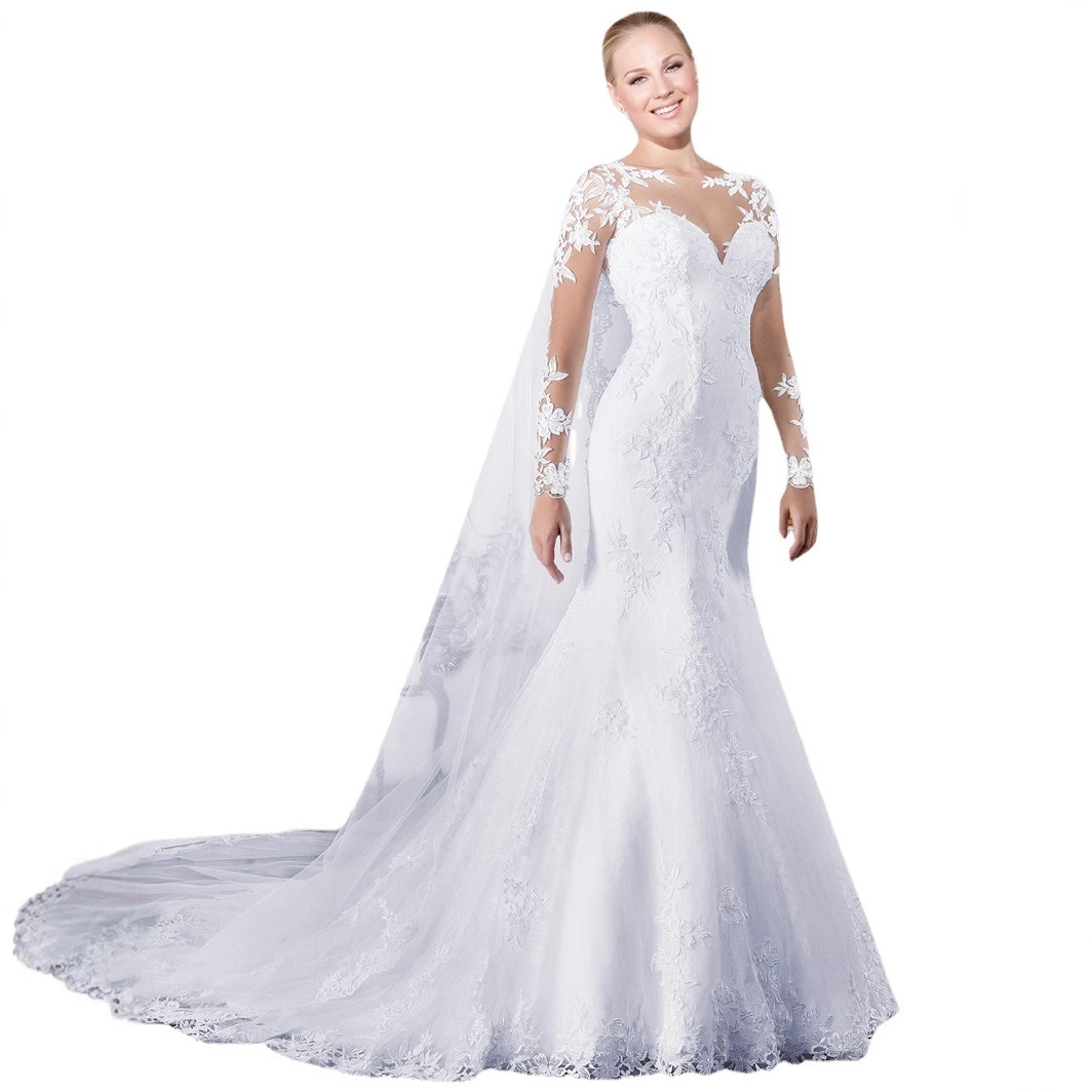 Wedding Dresses Sheer O-neck Long Sleeve Mermaid Wedding Dress See Through Illusion Back White Bridal Gowns with Lace Appliques Mermaid Dresses vestid